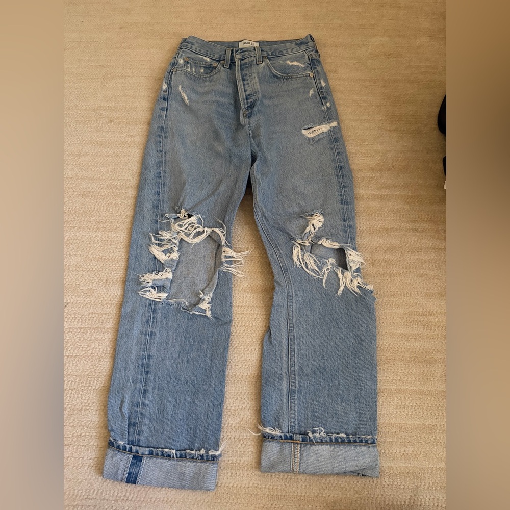 Agolde Light Blue Distressed High-Rise Straight Jeans